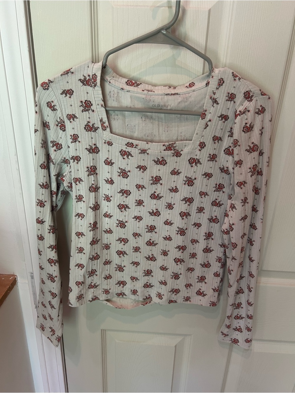 Old Navy White Ribbed Long Sleeve Top with Red Floral Print